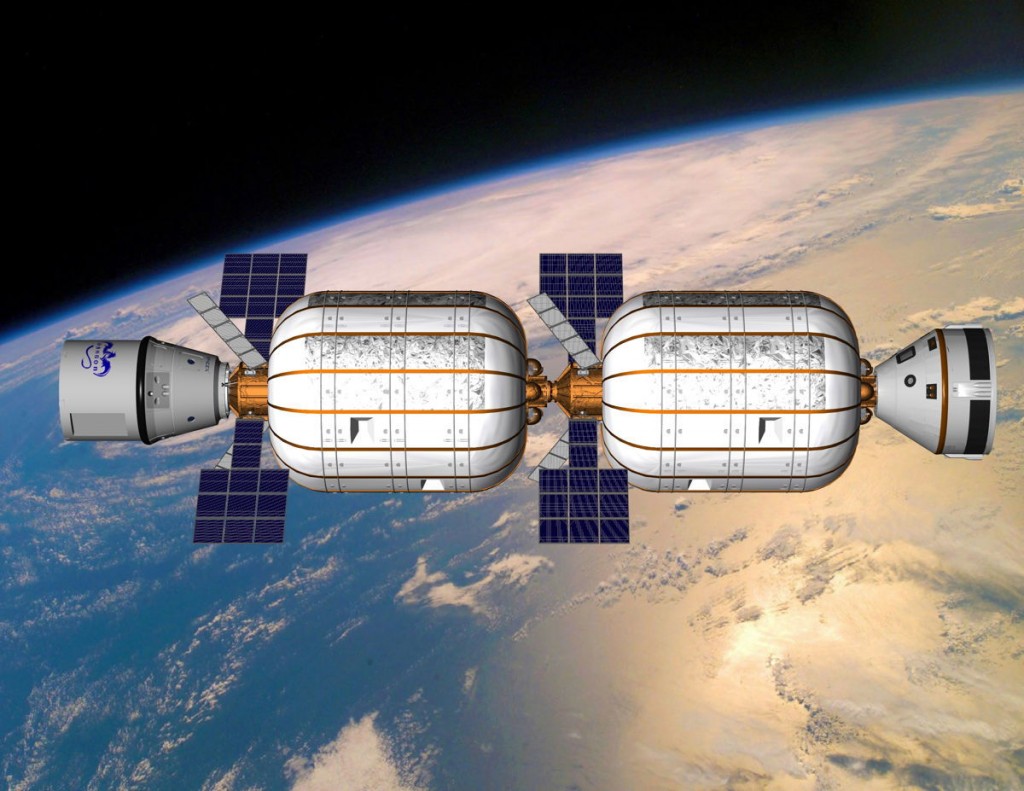 Concept de station réalisée à partir de modules gonflables et desservie par des capsules commerciales Dragon et Starliner. Crédit : Bigelow Aerospace.