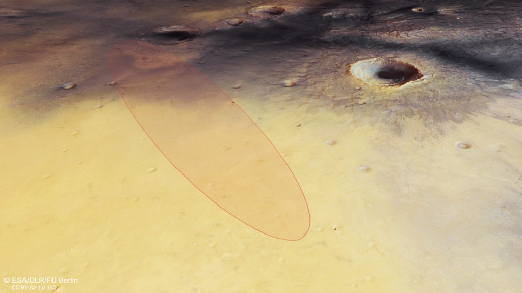 L'atterrisseur Schiaparelli vise le centre de cette ellipse de 15 x 100 km dans la région de Meridiani Planum. Crédit : ESA.