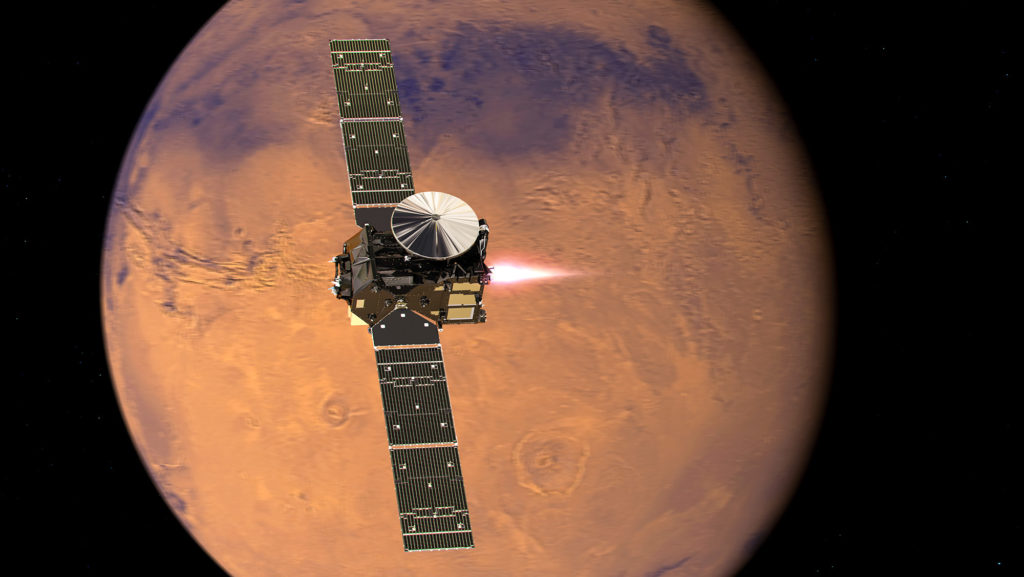 Le TGO lors de la manœuvre d'insertion sur orbite martienne. Crédit : ESA, ATG Medialab.