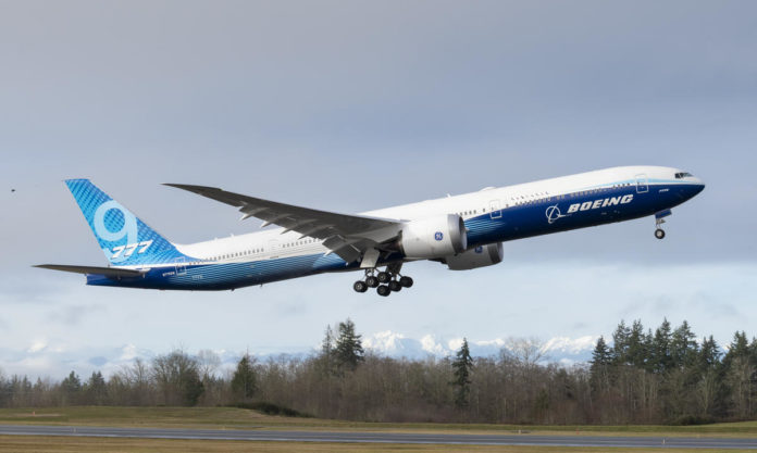 Boeing 777X First Flight at Paine Field in Everett, Washington. Boeing 777X